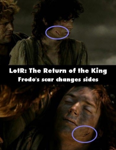 "Властелинът на пръстените: Завръщането на Краля" (Lord of the Rings 3)
  Гаф: Своенравна драскотина - ту е вляво, ту вдясно на лицето на Фродо.