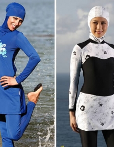  Буркини (Burkini)  

Т.н. Burkini са нестандартна линия бански костюми, дело на австралийската компания Ahiida. Те са насочени основно към ислямския пазар и са предназначени за мюсюлманки, които не желаят да разголват тялото си на плажа, според каноните на религията си. 

Скромният модел бански обаче вече предизвиква куп скандали по света, като дори се стигна до сериозна дискусия - в едни страни той е позволен за ползване в обществени басейни, но в други като Франция и Италия го забраниха с мотиви, че нарушават хигиенните норми. Освен това посочиха, че "маскираните жени" могат да имат и негативно влияние върху подрастващото поколение. 
