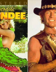   Crocodile Blondee

Eдва ли има киноман, който да е пропуснал тази хитова за времето си (а защо не и днес) поредица, в която Пол Хоган бе неустрашим мъжкар от дивата част на Австралия, попаднал в стресиращата за него градска част в Америка, но все пак оцелял в името на любовта. 


Тук обаче главният герой е героиня, представена като абсолютна секс маниачка, която си проправя път в обилната мъжка плът.  


Крокодилът, който виждате на постера пък, е единствено в ролята на камуфлаж, тъй като (за наше, а и за това на актрисата Амбър Лин щастие) сцените с брутална зоофилия са спестени за сметка на детайлната човешка анатомия. 


Иначе казано: "Прилика всякаква тук оставете и на усилията ни просто се насладете".