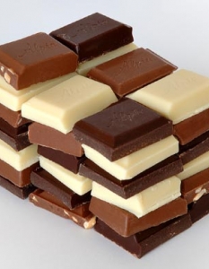  Видове шоколад 
  
 Млечен  - съставен е от какаово масло и шоколадов ликьор, захар и пълномаслено мляко 

 Черен  - от какаово масло, шоколадов ликьор и захар, но без мляко


 Бял  - от какаово масло, мляко, захар и е без ликьор 

