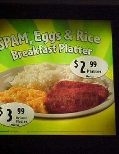 На Хаваите с голяма популярност се ползва продукт на име Spam&Eggs, който представлява комбинация от яйца, картофи и диетично месо...