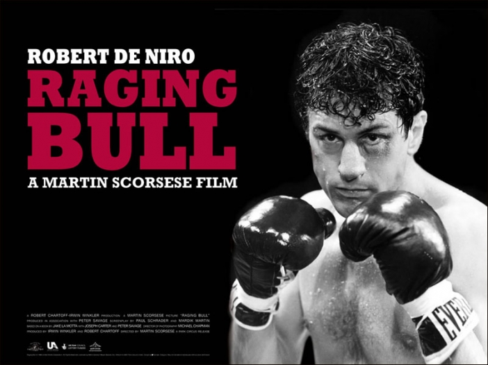 "Разяреният бик" (Raging Bull) 1980, 129 мин.
Считан за един от най-великите филми изобщо, "Разяреният бик" е безспорният шампион в класацията на спортните ленти. Не само заради избора на Американския филмов институт, допитал се до 1500 души за избора си. 
Филмът разказва историята на бруталния боксьор Джейк Ламота, чиято параноя и паталогична ревност го водят към саморазрушение. Качилият 30 килограма за ролята си Робърт де Ниро печели втори "Оскар", след този за "Кръстника 2" за изпълнението си. 
Изненадващо обаче, Мартин Скорсезе е пренебрегнат от Академията в разпределението на статуетките като режисьор на филма. Любопитно е, че при заснемането на някои сцени, са използвани размазани пъпеши и домати за по-ефектен вид, а Де Ниро по невнимание чупи ребро на Джо Пеши.