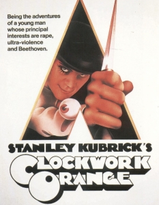 A Clockwork Orange (1971)
Антиутопичният роман на Антъни Бърджес излиза през 1962 година, а девет години по-късно бял свят вижда и филмовата версия под режисурата на Стенли Кубрик. 
В главната роля на Алекс Де Ларж влиза Малкълм Макдауъл, чиято роля става иконична, а самата лента е както сред най-големите постижения на Кубрик като режисьор, така и определяна за един от най-големите шедьоври в киното на XX век.