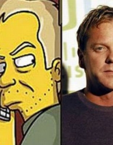 Кийфър Съдърланд (Kiefer Sutherland)Кийфър Съдърланд също е сред актьорите с повече от една поява като гост звезда в The Simpsons. Актьорът е подарил гласа си на три персонажа, появявали се в различните сезони на комедийния сериал. Първото му участие е в ролята на военен в епизода GI (Annoyed Grunt), след това се появява като анимационен вариант на Джак Бауър (Jack Bauer) в епизода 24 Minutes, което показва, че не му липсва чувство за самоирония. Последната роля, която озвучава, е тази на Уейн в The Falcon and the D