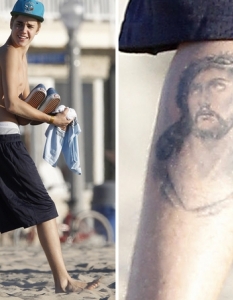 2. Justin BieberТийнидолът Justin Bieber никога не е криел, че дължи успеха си именно на силната си вяра и подкрепата на Господ. Той явно е намерил и още един начин да се отблагодари - с татуировка на левия прасец.