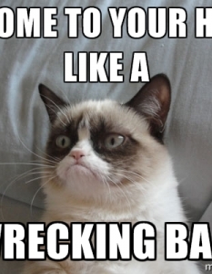 3. Коте събаря книги (Wrecking Ball Kitten Edition)Седемсекундно видео, в което стопанка използва своето малко коте да събаря книги под звуците на припева на песента. А какво ли мисли за песента Тард - The Grumpy Cat?
