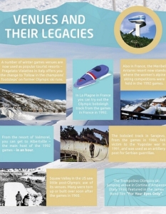 Няколко спортни комплекса от зимни олимпийски игри днес са популярни зимни курорти - Прагелато Виа Латеа в Италия, например, предоставя на своите гости възможността да "минат по стъпките на шампионите", спускайки се по някогашните олимпийски писти.
В Ла Плейн, Франция, е запазен и отворен за туристите бобслей улеят от зимната олимпиада в страната през 1992 година.
Пистите, на които се провеждат състезанията в алпийските дисциплини на същите тези игри във Франция, днес са част от курорта Марибел Антарес.
Курортът Валморел се намира само на час път от Албервил - основната локация на игрите през 1992 година.
Бобслей улеят в Сараево от игрите през 1984 година става жертва на войната в Югославия през 1991 година, когато е използван като артилерийски пост от сръбските партизани.
Съоръженията в Скуау Вали просъществуват съвсем кратко след провеждането на игрите там през 1960 година - част от тях са демонтирани, а на мястото на останалите са построени нови.
Шанцата за ски скокове Трамполино Олимпико в курорта Кортина д