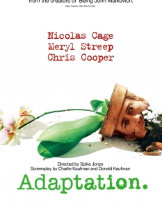 Adaptation (Адаптация)
Adaptation е един от филмите, в които Никълъс Кейдж все още приемаше стойностни роли. Макар да е само един от цяла поредица продукции, които разглеждат творческия процес по писането на eдин филм, Adaption е вероятно най-брилянтно заснетия и изигран такъв. 
Зад успеха на лентата стоят режисьорът Спайк Джоунс и сценаристът Чарли Кауфман, чиято персона  всъщност е и главен герой в Adaptation.