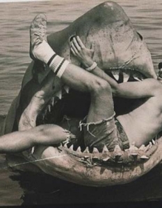 Филм: Jaws Зад кадър: Още едно легендарно филмово страшилище, този път на Стивън Спилбърг. Както личи от снимката, зловещата акула или не е истинска, или не е гладна. 