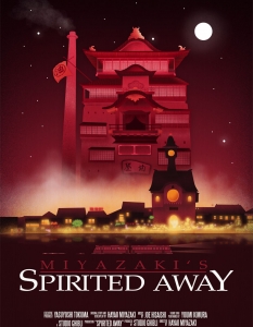 Spirited Away (Отнесена от духовете)
Това е една от приказките, с които Хаяо Миядзаки доказа, че магическите му истории и анимация са институция в киното. 
Светът, в който попада 10-годишната Чихиро в Spirited Away (Отнесена от духовете), ни препраща към класическата история за Алиса и Страната на чудесата. Тя обаче е пренесена във вълшебния свят на японската митология и нейните духове и богове.
